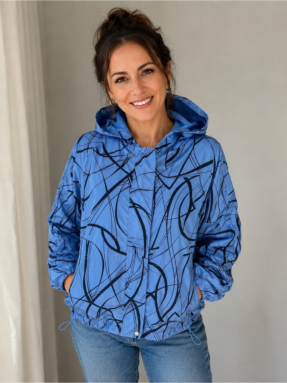 Oleg Cassini Blue Hooded Bomber with Black Abstract Lines